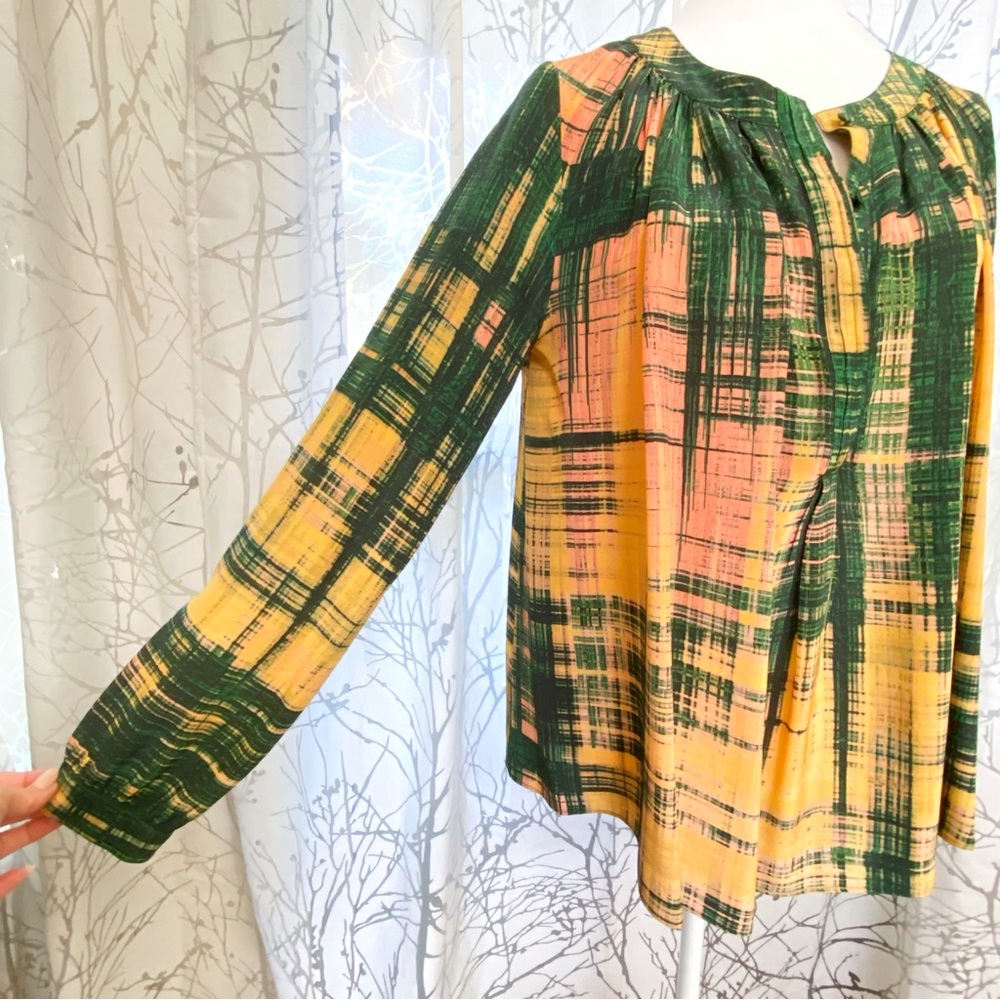 THAKOON yellow peach green print silk button down neck v-neck long sleeve top - Picture 2 of 11
